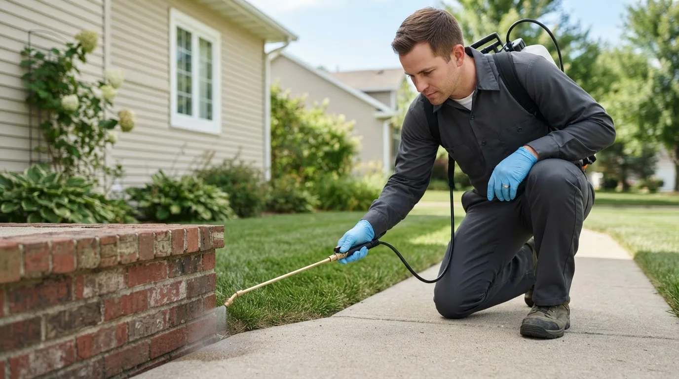 Pest control technician treating a home near Gouldsboro, ME